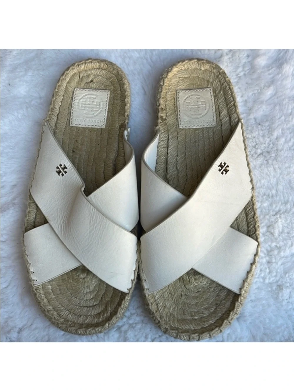 Tory Burch White Leather Cross-Strap Espadrille Slide Size 7